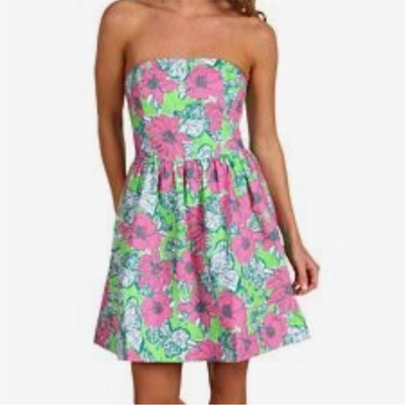 ▶️ Lilly Pulitzer ◀️ Pink Green Strapless Butterfly Lottie Dress Size 10 - Picture 5 of 14